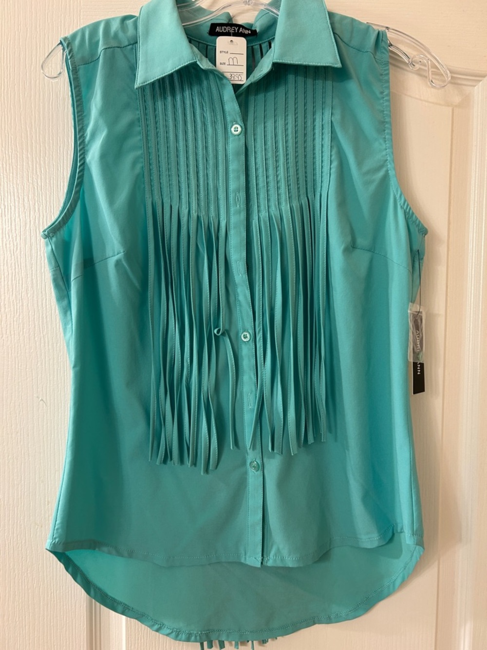 Audrey Ann Mint Sleeveless Fringe Button-Down Shirt